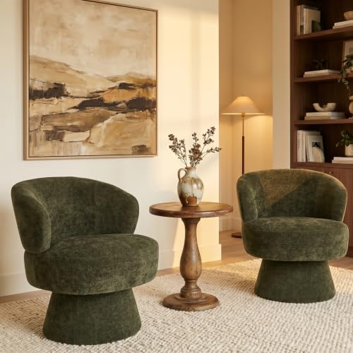 Swivel Barrel Chairs Set of 2, Olive Green | 360° Smooth Swivel Organic Modern Style Plush Chenille Upholstery Compact Space Saving Supports Up to 250 LBS - color: Green 01, size: 2 Chairs