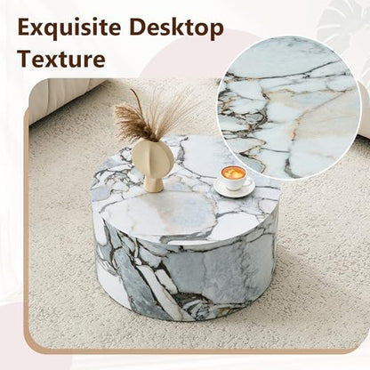 Round Coffee Table, 23.6" Modern Faux Marble Drum Coffee Table, Round Accent Center Table for Living Room Apartment Small Spaces, No Assembly Required - color: 24'' Rock White, size: 24'' Round Coffee Table