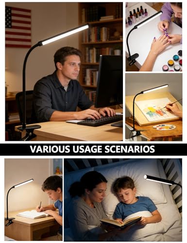 2 Pack Clip On LED Desk Lamp, 3 Lighting Modes 10 Brightness Levels, Flexible Goose Neck Swing Arm Task Lamp, Eye Caring USB Powered Clamp Light for Home Office Study Reading Bedside - color: 12inch/black