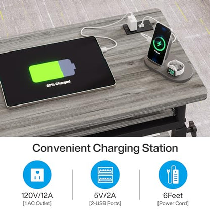 Tribesigns Small Portable Desk with Power Outlet, Height Adjustable Sofa Couch Bedside Laptop Table with Wheels, Mobile Standing Desk Rolling Computer Cart C Side Table with USB Ports - color: Grey