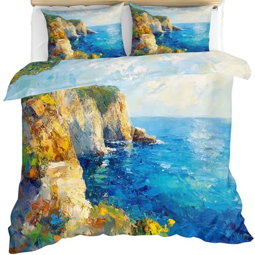 Ocean Bedding Duvet Cover Cliff Graphic Comforter Set | Turquoise Sea Duvet Cover Twin, 3 Pieces with 2 Pillowcases, Reversible Sunlit Coast Bedding with Zipper - color: Cliff Graphic, size: Twin (68 x 88 in)