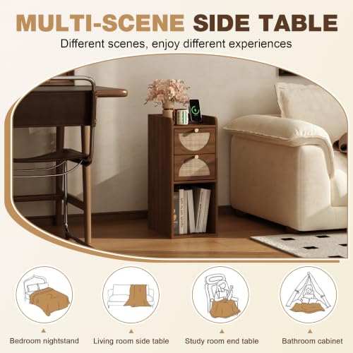 Narrow Nightstand Set of 2 (Rattan & Wood) - Small Bedside Table with 2 Drawers, Open Shelf, Mid Century Modern End Table - for Bedroom, Living Room & Small Spaces, Walnut - color: Walnut, size: 9.9"W (2 Pc)