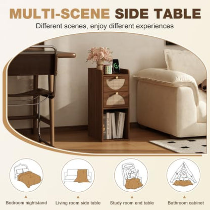 Narrow Nightstand Set of 2 (Rattan & Wood) - Small Bedside Table with 2 Drawers, Open Shelf, Mid Century Modern End Table - for Bedroom, Living Room & Small Spaces, Walnut - color: Walnut, size: 9.9"W (2 Pc)