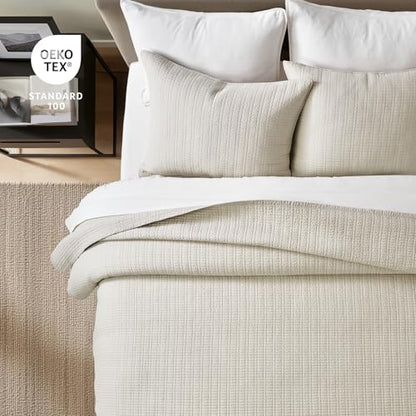 100% Cotton Modern Grid Stitch Quilt Set, Queen Size, Birch | Pre-Washed Cotton Coverlet Bedspread, Oversized Lightweight 3-Piece Bedding Set for All Season, with 2 Pillow Shams - color: Birch, size: Full/Queen (96" X 94")