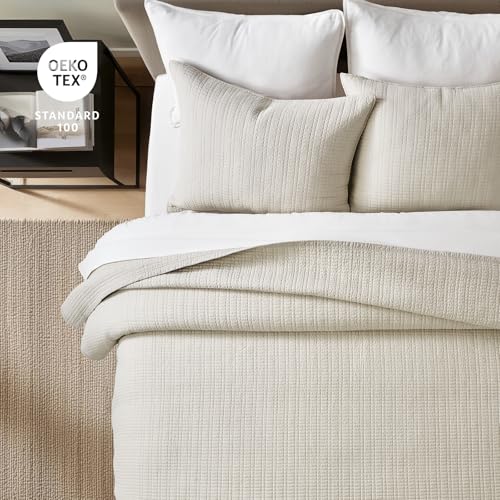 100% Cotton Modern Grid Stitch Quilt Set, King Size, Birch | Pre-Washed Cotton Coverlet Bedspread, Oversized Lightweight 3-Piece Bedding Set for All Season, with 2 Pillow Shams - color: Birch, size: King (110" X 94")