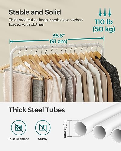 SONGMICS Clothes Rack with Wheels, Double-Rod Clothing Rack for Hanging Clothes, 25.4mm Metal Garment Rack with Dense Mesh Storage Shelf, 110 lb Load Capacity, 2 Brakes, White UHSR027W01 - color: White, style: Middle Rod
