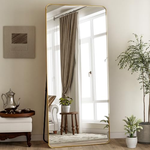 BEAUTYPEAK 76" x 34" Rounded Corner Full Length Mirror with Stand, Gold | Aluminum Alloy Frame with Standing, Leaning, or Wall-Mounted, Ideal for Bedroom, Dressing Room, Entryway, and Living Room - color: Gold, size: 76"L x 34"W