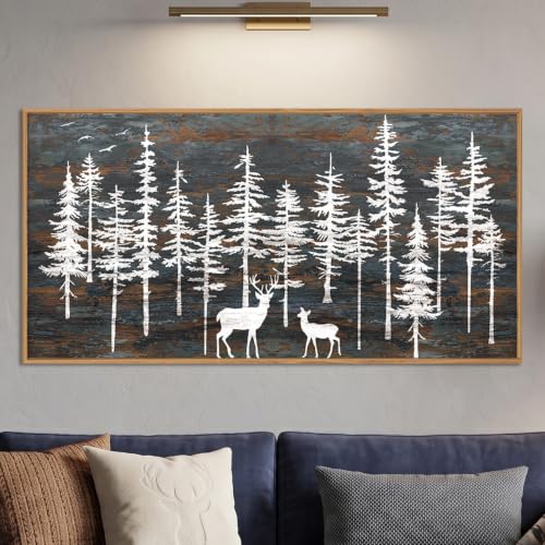 Celestdeco Vintage Pine tree Deer Framed Canvas Wall Art Set-40"x20" x1 | Retro Forest Landscape Wall Decor,Rustic Woodland Art Prints,Christmas Tree Artwork for Living Room, Dining Room, Office - color: White Forest Wall Art, size: 40"L x 20"W