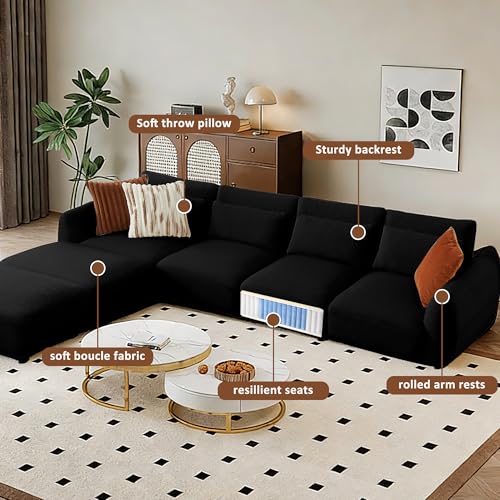 U Shaped Cloud Sectional, Convertible L Shaped Couch with Removable Ottomans,Modular Cloud Couch Sectional for Living Room (4 Set + 2 Ottomans - Black) - color: Black, size: 4set+2 Ottoman