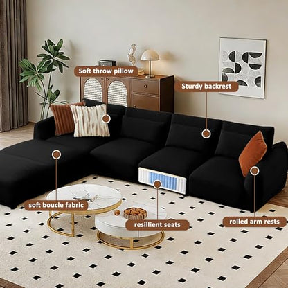 U Shaped Cloud Sectional, Convertible L Shaped Couch with Removable Ottomans,Modular Cloud Couch Sectional for Living Room (4 Set + 2 Ottomans - Black) - color: Black, size: 4set+2 Ottoman