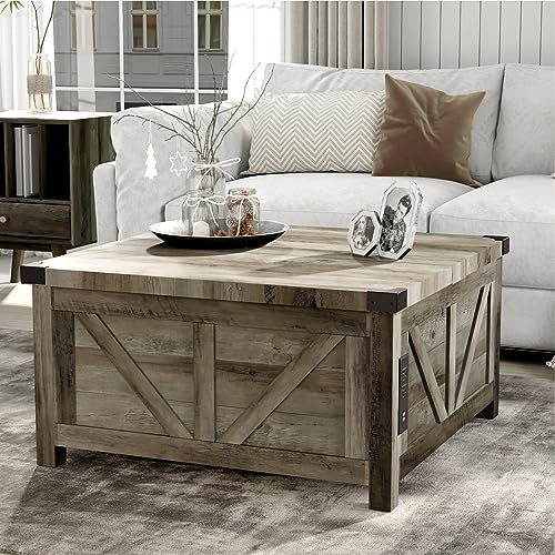 jimeimen Farmhouse Lift Top Coffee Table with Storage, Wood Square Center Table with Charging Station&USB Port, Living Room Table w/Large Hidden Space, for Living Room, Bedroom, Home Office, Grey - color: Grey