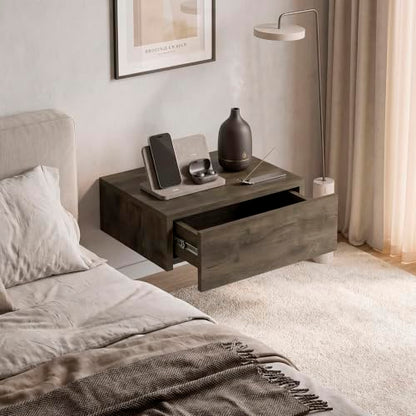 FM FURNITURE Vienna Modern Floating Nightstand with Drawer & Shelf, Wall Mounted Bedside Table for Bedroom Organization, Brown - color: Dark Brown