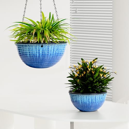 10 Inch Hanging Planters, Glazed Hanging Basket with Drainage Holes, 2 Pack | Ceramic-Look Hanging Flower Pots with Chain Plant Hangers, Blue Flow Glaze - color: Blue Flow Glaze, size: 10inch