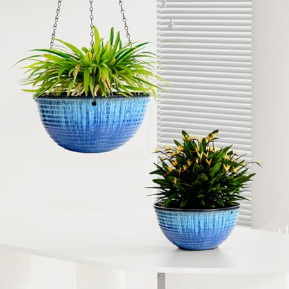 10 Inch Hanging Planters, Glazed Hanging Basket with Drainage Holes, 2 Pack | Ceramic-Look Hanging Flower Pots with Chain Plant Hangers, Blue Flow Glaze - color: Blue Flow Glaze, size: 10inch