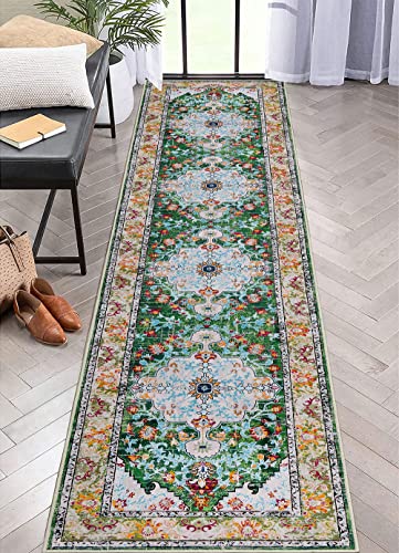 U'Artlines 2' x 10' Boho Hallway Runner Rug, Non Slip Washable Vintage Farmhouse Accent Area Rug Carpet for Kitchen Entryway Laundry and Living Room (Green) | Vintage Farmhouse Kitchen Rug Accent Area Carpet for Entryway Laundry and Living Room - color: G