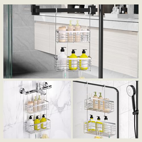 DELLAN Hanging Shower Caddy, 2-Tier Shower Rack with Hooks Over the Door | Bathroom Shower Caddy and Basket - color: Silver, size: 2-Tier 11"D x 4.7"W x 4.1"H