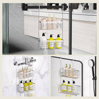 DELLAN Hanging Shower Caddy, 2-Tier Shower Rack with Hooks Over the Door | Bathroom Shower Caddy and Basket - color: Silver, size: 2-Tier 11"D x 4.7"W x 4.1"H