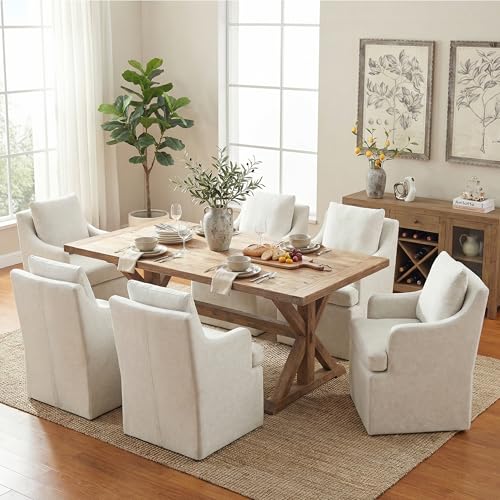 VKNOW Upholstered Dining Chairs Set of 6, Dining Room Chairs with Casters | Modern Rolling Dining Chairs with Armrest, Soft Chenille Fabric, Washable Cover, Easy Assembly, Living Room, Bedroom, Cream - color: Cream, size: 6