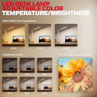 Honeywell LED Desk Lamp, Sunturalux™ White Desk Lamps for Home Office USB | Foldable LED desk lamp with USB-C/A charger, RG0 eye-safe, CRI95, stepless dimming 10%-100%, 3 color temps (3000K-5000K) - color: White