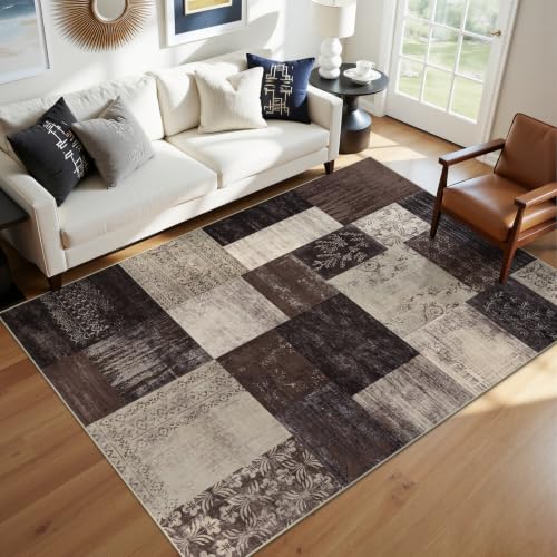 5x7 Area Rugs for Living Room, Washable Non Slip Bedroom Rug, Soft Low Pile Large Modern Geometric Carpet Indoor for Dining Room Kids Room Nursery Office - color: Brown, size: 5' x 7' (Rectangular)