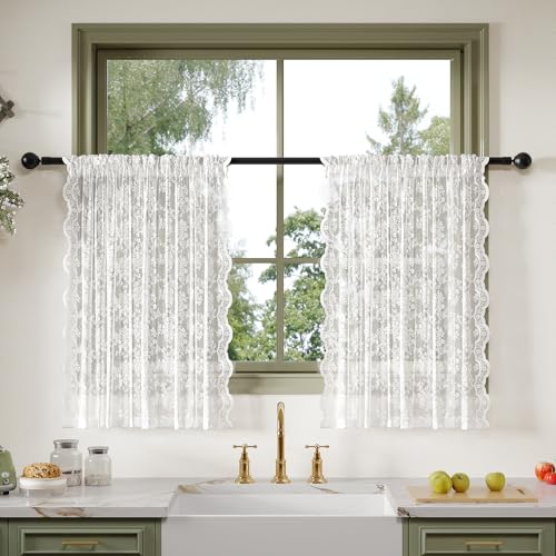 Anmao Vintage Lace Valance Kitchen Curtains 36 Inches Long 2 Panels, Semi Sheer Floral Over Sink Lacy Cafe Curtain, Elegant Window Short Small Drapes, 55W x 36L, White Plum - color: White Plum, size: 55"W x 36"L (Pack of 2)
