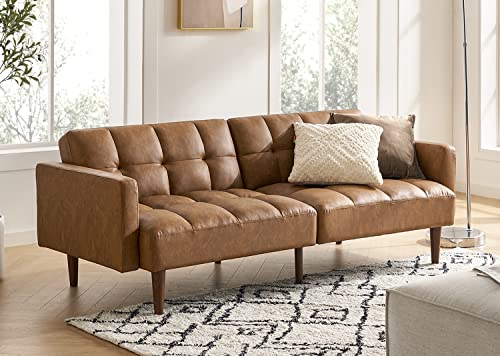 mopio 76.4" Futon Sofa Bed Tufted Styled, Sleeper Couch (Pecan Brown Faux Leather) - color: Aaron Pu, Pecan Brown