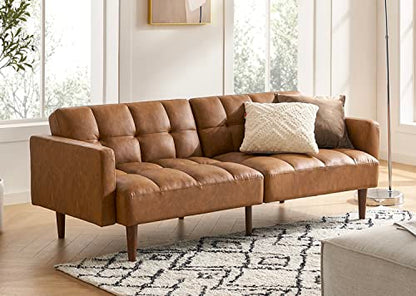 mopio 76.4" Futon Sofa Bed Tufted Styled, Sleeper Couch (Pecan Brown Faux Leather) - color: Aaron Pu, Pecan Brown