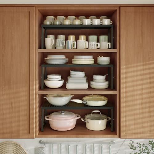 Shelf Organizer Riser For Cabinet Pantry Kitchen Countertop Cupbaord Closet | Expandable Width, Adjustable Height, Stackable As 2-Tier Shelf Rack, Snap-Button: Easily Adjust Height, Heavy Duty Metal - color: Black-1 Pack