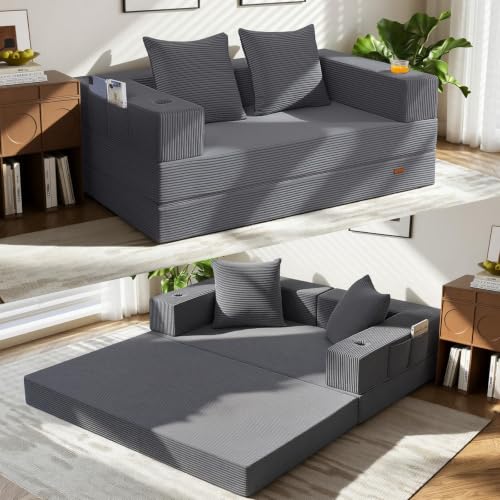 COMAX Futon Sofa Bed, Convertible Sofa Bed, Folding Boneless Couches | Low-Profile Boneless Couch for Living Room, 11.8" H Low Seat Small 59" Foldable Floor Sleeper Mattress Lounge Space‑Saving - color: Dark Grey, size: 59"