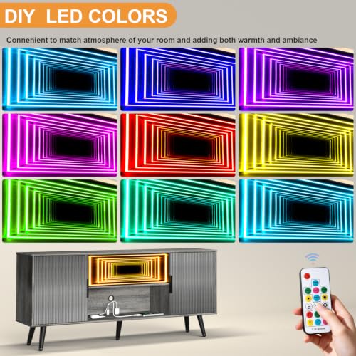 Lightdot 55" Fluted Small Gery TV Stand with Outlet & Fireplace Light | Media Console with Storage, Mid Century Cabinet Fits 55-65" TV, for Living Room/Bedroom/Sofa Cabinet,Easy Assembly - color: Gray-mirror/55"