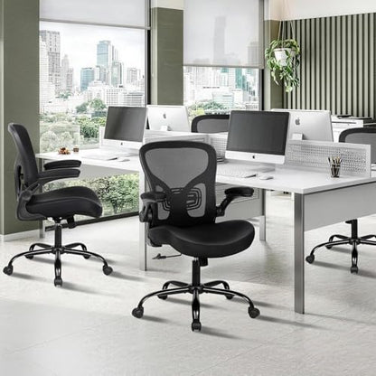 Ergonomic Office Chair, Flip-up Armrest, Mesh Back PU Leather Seat | Black Computer Desk Chair, Height Adjustable, Lumbar Support, Breathable Mesh Back, Thick PU Leather Cushion, 300lb Cap