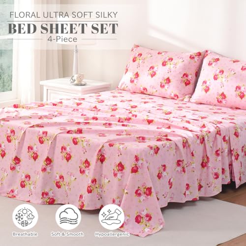 Bedlifes Floral Pattern Bed Sheet Set Twin Size, 16" Deep Pocket 3-Piece | Ultra Soft Microfiber, Breathable & Silky, OEKO-TEX Certified, Easy-Care Machine Washable, 3-Piece, All-Season Spring Bedding - color: Pink, size: Twin