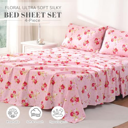 Bedlifes Floral Pattern Bed Sheet Set Twin Size, 16" Deep Pocket 3-Piece | Ultra Soft Microfiber, Breathable & Silky, OEKO-TEX Certified, Easy-Care Machine Washable, 3-Piece, All-Season Spring Bedding - color: Pink, size: Twin