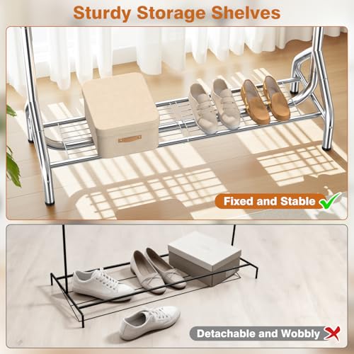Double Rod Clothing Rack Load 622 LBS, Heavy Duty Clothes Rack for Hanging Clothes, 82.68 inch High Garment Rack with Sotrage Shelves, Metal Clothing Hanger Closet Wardrobe Organizer (Silver) - color: Silver