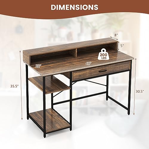 Tangkula Computer Desk with Storage Drawer & Monitor Stand, 48” Home Office Writing Desk with 2 Open Shelves & Compartments, Computer Workstation Writing Study Desk with Metal Frame (Rustic Brown)