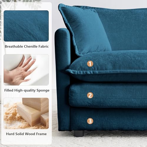 Modular Sectional Sofa, 111.5 Inch L Shaped Couch Set for Living Room, 3-Seater Comfy Cloud Couches with Movable Ottoman, DIY Combination, Chenille, Blue - color: Blue, size: 111.5 Inch- L