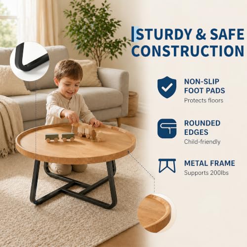 Garvee 19.7 in Round Coffee Table with Wood Surface Top & Sturdy Metal Leg | Small Wood Center Table, Easy-Clean & Waterproof, Raised Edge Side Table Compact for Apartment, Living Room, Balconies - color: Wood