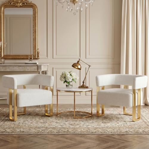 Modern White Boucle Accent Chairs Set of 2, Barrel Chairs for Living Room | STHOUYN Bedroom Armchairs, Curved Barrel Design, Soft Boucle Upholstery, Gold-Tone Legs, Wide Seats, Small Space Office - color: White