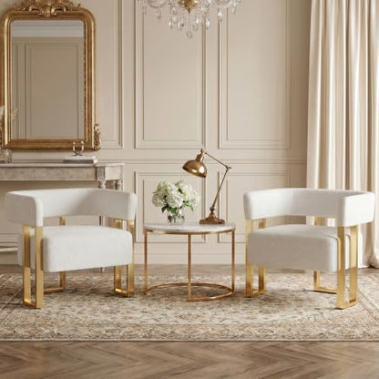 Modern White Boucle Accent Chairs Set of 2, Barrel Chairs for Living Room | STHOUYN Bedroom Armchairs, Curved Barrel Design, Soft Boucle Upholstery, Gold-Tone Legs, Wide Seats, Small Space Office - color: White