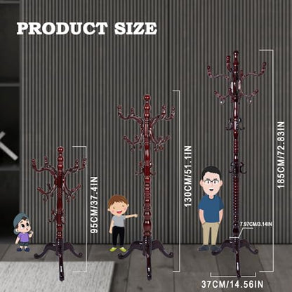 Coat Racks FreeStanding with 14 Hooks, Natural Wood Coat Rack with Solid Round Base, Adjustable Height Coat Racks, Easy Assembly for Hallway, Bedroom and Office (Reddish brown-Tri-Legged Base) - color: Reddish brown-Tri-Legged Base
