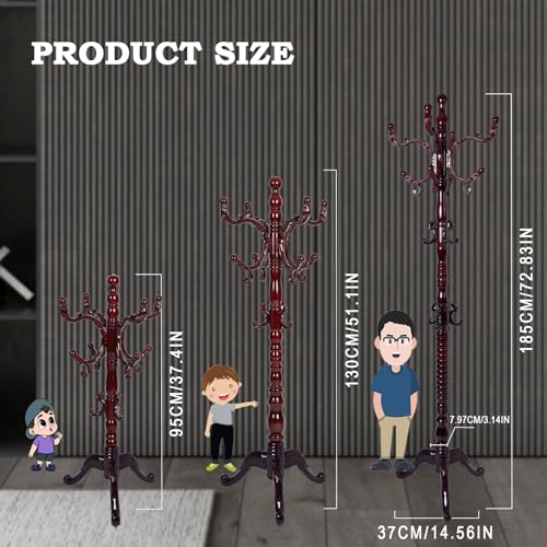 Coat Racks FreeStanding with 14 Hooks, Natural Wood Coat Rack with Solid Round Base, Adjustable Height Coat Racks, Easy Assembly for Hallway, Bedroom and Office (Reddish brown-Tri-Legged Base) - color: Reddish brown-Tri-Legged Base