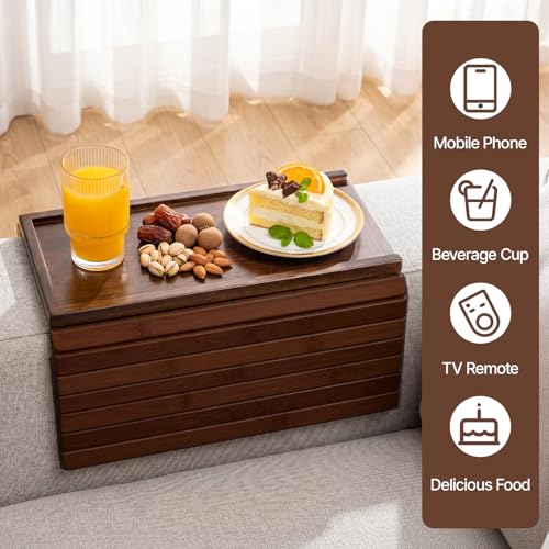 Bamboo Sofa Armrest Tray, Foldable Couch Arm Tray Side Table, 2 in 1 Anti-Falling Armrest Tables Cup Holder for Snacks, Drinks, Beers, Phone, Control, Flexible and Portable, Anti-Slip, (Brown) - color: Brown