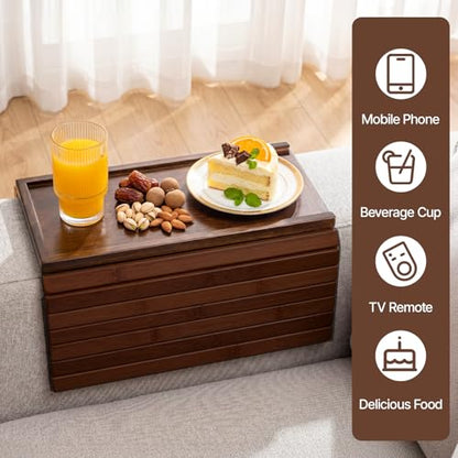 Bamboo Sofa Armrest Tray, Foldable Couch Arm Tray Side Table, 2 in 1 Anti-Falling Armrest Tables Cup Holder for Snacks, Drinks, Beers, Phone, Control, Flexible and Portable, Anti-Slip, (Brown) - color: Brown