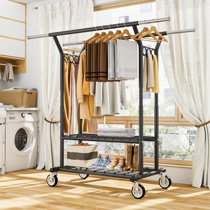 HYSEYY Heavy Duty Clothes Rack, Rolling Clothing Rack With Shelves Load 620 LBS, Double Rod Clothing Racks for Hanging Clothes, Portable& Adjustable Clothes Rack with Wheels,Black - color: Black