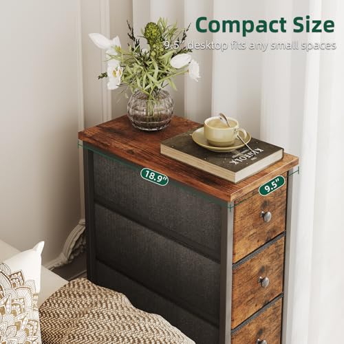 COTUBLR Narrow Dresser, 19" Wide Narrow Nightstand Dresser Storage Tower with 5 Drawers, Slim Fabric Dressers Chest of Drawers for Small Spaces, Wood Top & Fabric Bins for Bedroom Bathroom Closet - color: Rustic Brown
