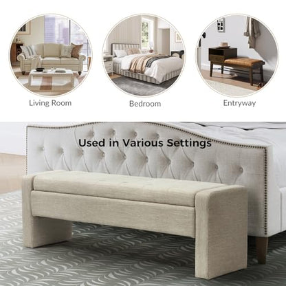 55" Modern Upholstered Storage Bench with Tufted Seat, Fabric Ottoman Bench for Bedroom, Entryway, or Living Room, Soft Close Hinge,Beige - color: Beige