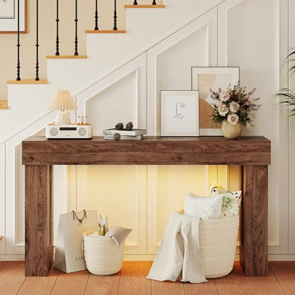 Apicizon 63" Long Console Table with LED Light, Farmhouse Entryway Table, Wooden Rectangular Sofa Table Behind Couch, Narrow Entrance Table for Living Room, Hallway, Foyer, Dark Brown - color: Dark Brown