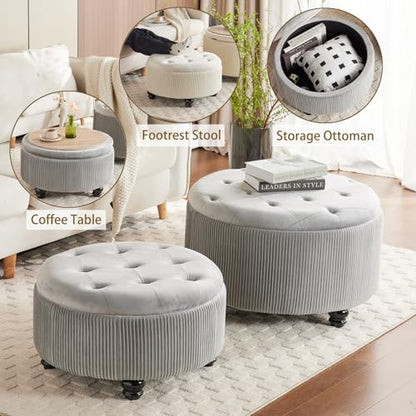 29'' & 24.5'' Round Storage Ottoman Coffee Table Set of 2, Light Gray | Ottoman with Storage, Removable Lid, Upholstered Footrest Stool for Living Room Bedroom, Easy Assembly, Velvet Ottomans - color: Large-light Grey