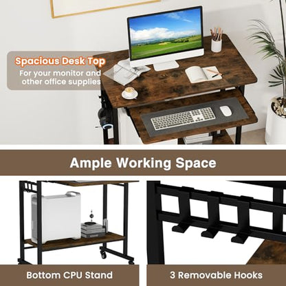GOFLAME Mobile Computer Desk with Pull-Out Keyboard Tray, Compact Laptop Cart, Home Office Desk with Lockable Wheels, Writing Workstation, CPU Stand, Task Study PC Desk for Small Spaces, Study