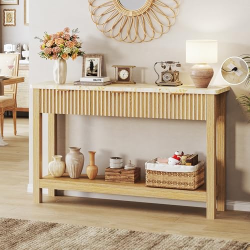 HUAHUU 47.2" Fluted Console Table with 3 Drawers, Long Sofa Table with Storage Behind Couch, Modern Entryway Table with Power Outlet & Open Storage for Entrance/Hallway/Foyer/Living Room, Oak - color: Oak, size: 11.8"D x 47.2"W x 29.5"H